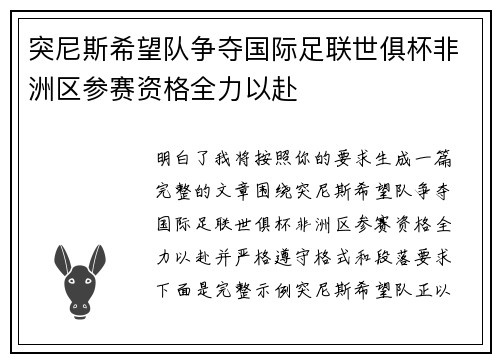 突尼斯希望队争夺国际足联世俱杯非洲区参赛资格全力以赴